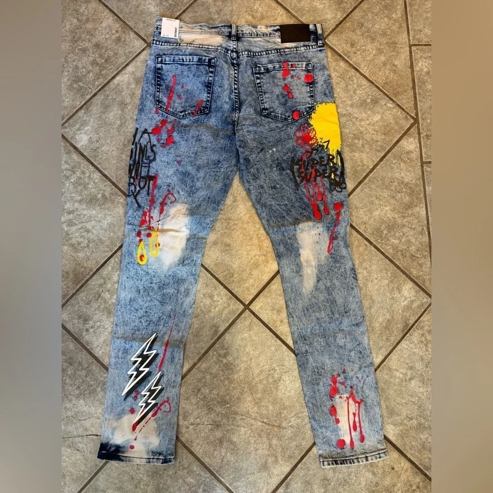 Men's rue21 Premium‎ Supreme Flex Skinny Jeans Graphic Paint Splatter NWT 36x32